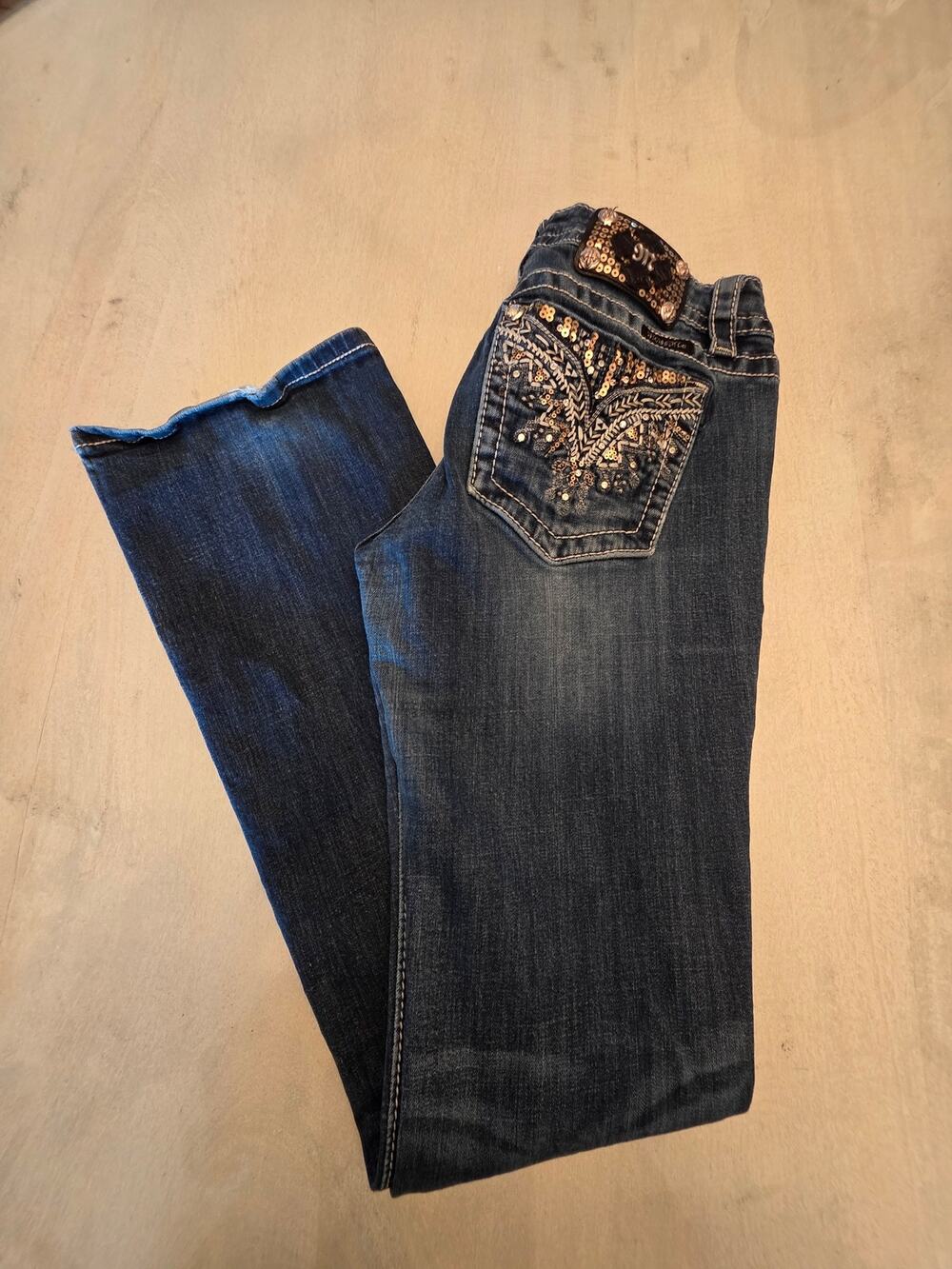 Miss Me Women's Denim Signature Boot Jean SZ 29 Gold Sequin Studs Bling Y2K